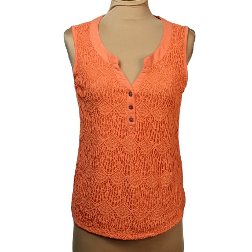 BELLE DU JOUR Cotton Blend Split Neck Lace Front Tank Top Orange Size Medium